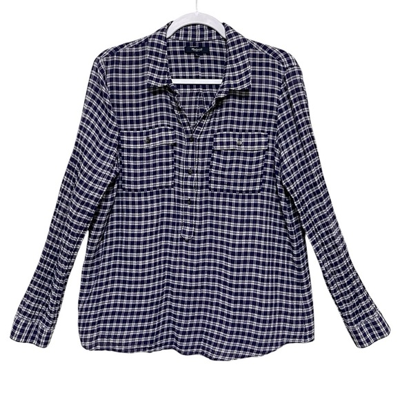 Madewell Check Navy White 3 Button Popover Blouse Pockets Relaxed Preppy Size L - Picture 1 of 15